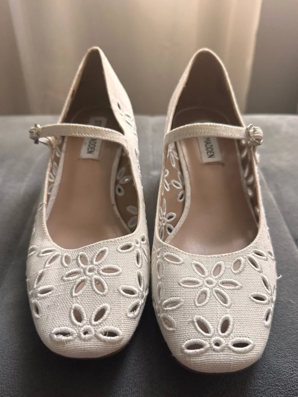 Steve Madden Cream Floral Cutout Mary Jane Heel with Button Strap